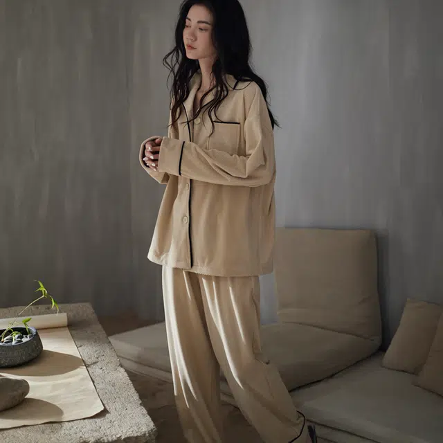 同语 睡衣海岛绒秋冬季加厚女士套装可外穿珊瑚绒家居服冬天 家居套装 女款 浅杏色