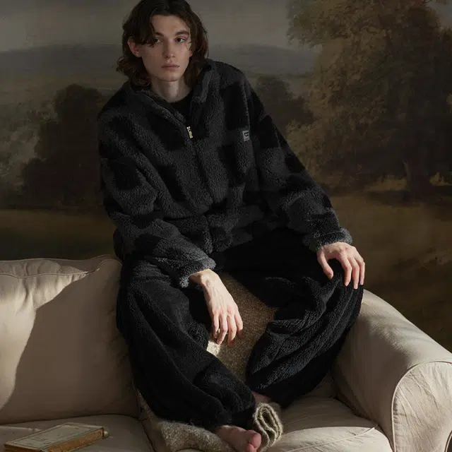 同语 珊瑚绒拉链款加厚加绒休闲可外穿家居服睡衣套装 男款 濡羽黑黛灰色