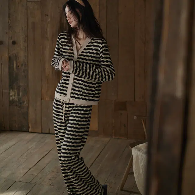 同语  睡衣女春秋季柔软棉套装时尚条纹可外穿小香风家居服女士 家居套装 女款 参差黑白条纹