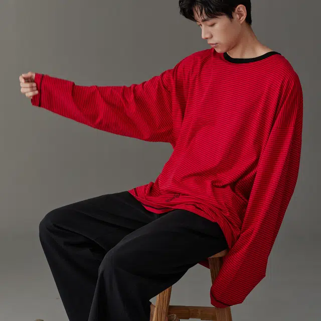 同语 红色睡衣春秋季柔软棉条纹套装男士结婚喜庆秋冬家居服 家居套装 男款 侘寂黑齐红