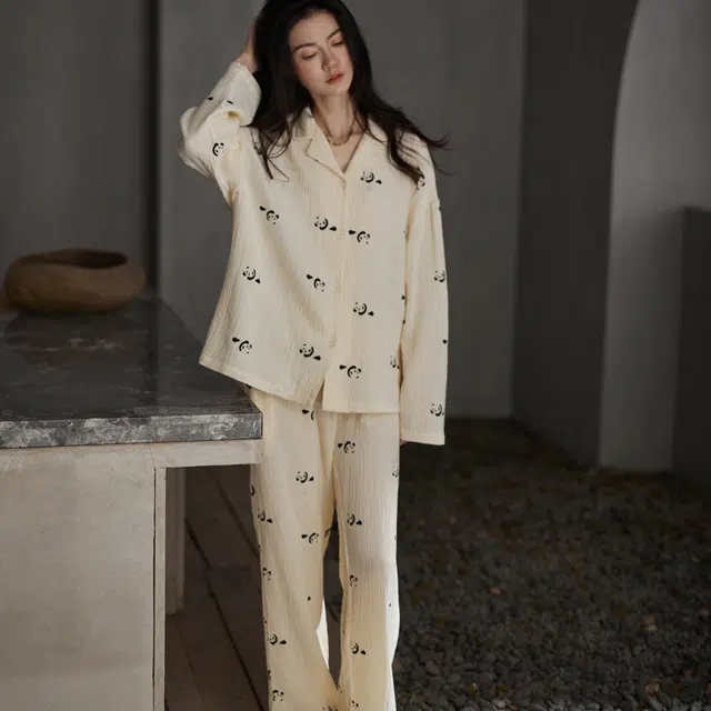 同语 睡衣女春秋季梭织纯棉纱布长袖套装女士可爱可外穿家居服 学生宿舍 家居套装 女款 橘白色墨纹熊猫