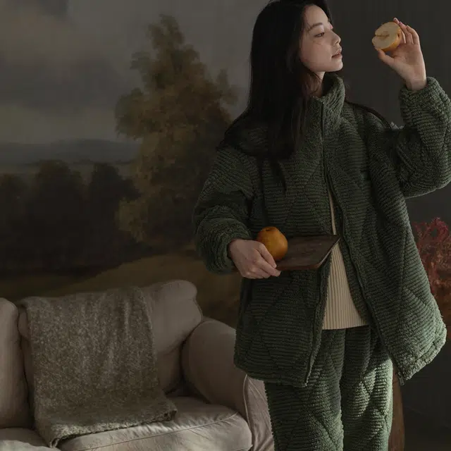 同语 睡衣三层夹棉珊瑚绒加厚冬季女士家居服法兰绒加绒可外穿套装 家居套装  女款  松绿