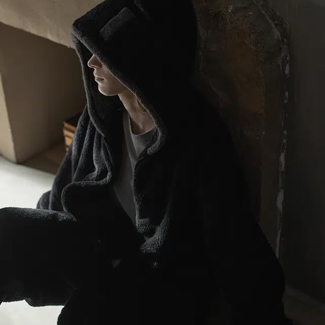 同语 能当外套穿的睡衣 小怪兽卡通睡衣男珊瑚绒秋冬季加厚连帽款套装休闲可外穿男士冬天家居服 家居套装 男款 侘寂黑