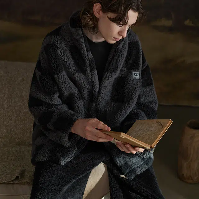 同语 珊瑚绒拉链款加厚加绒休闲可外穿家居服睡衣套装 男款 濡羽黑黛灰色