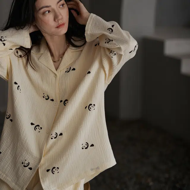 同语 睡衣女春秋季梭织纯棉纱布长袖套装女士可爱可外穿家居服 学生宿舍 家居套装 女款 橘白色墨纹熊猫
