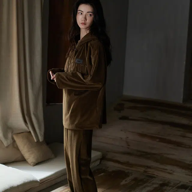 同语 睡衣女海岛绒秋冬季加厚家居服女士珊瑚绒可外穿连帽家居服 家居套装 女款 金咖色