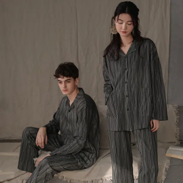 同语 情侣睡衣女春秋季纯棉薄款家居服男女全棉休闲韩版可外出套装 家居套装 情侣款 深灰色