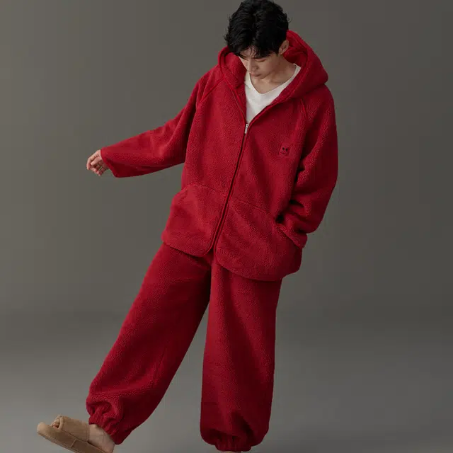 同语 睡衣秋冬季珊瑚绒红色连帽套装男士喜庆结婚家居服加厚 家居套装 男款 勃艮第红
