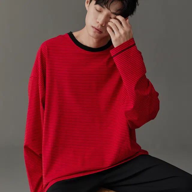 同语 红色睡衣春秋季柔软棉条纹套装男士结婚喜庆秋冬家居服 家居套装 男款 侘寂黑齐红