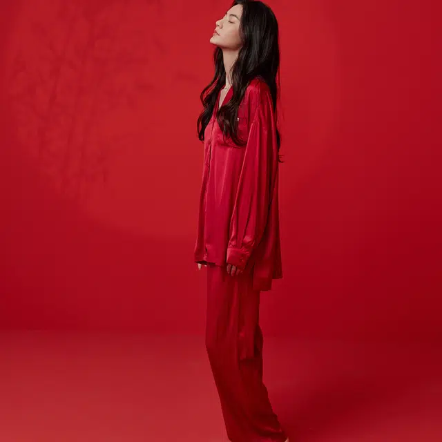 同语 春秋季红色睡衣冰丝长袖套装女士结婚喜庆家居服秋冬 家居套装 女款 红色