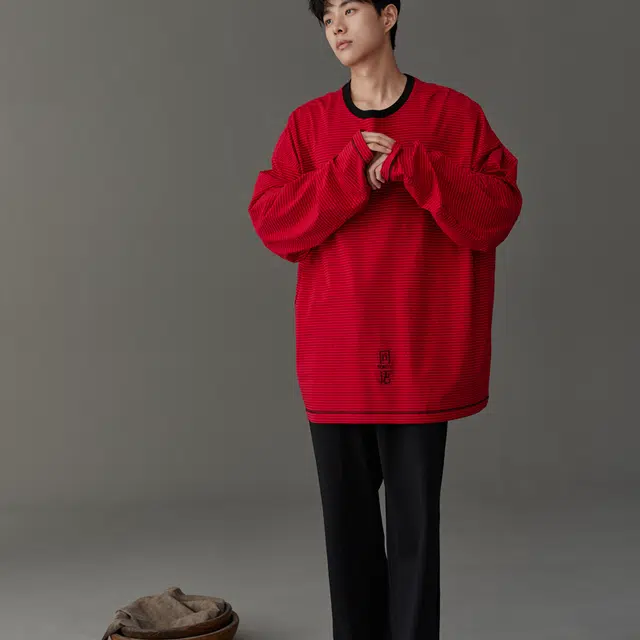 同语 红色睡衣春秋季柔软棉条纹套装男士结婚喜庆秋冬家居服 家居套装 男款 侘寂黑齐红