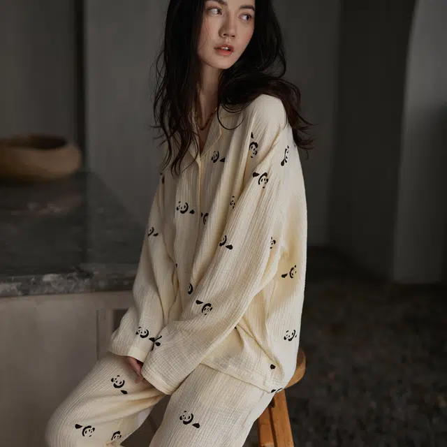 同语 睡衣女春秋季梭织纯棉纱布长袖套装女士可爱可外穿家居服 学生宿舍 家居套装 女款 橘白色墨纹熊猫