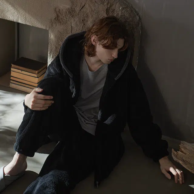 同语 能当外套穿的睡衣 小怪兽卡通睡衣男珊瑚绒秋冬季加厚连帽款套装休闲可外穿男士冬天家居服 家居套装 男款 侘寂黑