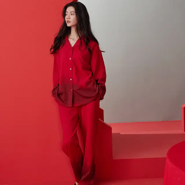 同语 睡衣春秋季柔软棉红色渐变渲染套装女士喜庆结婚家居服 家居套装 女款 酡红