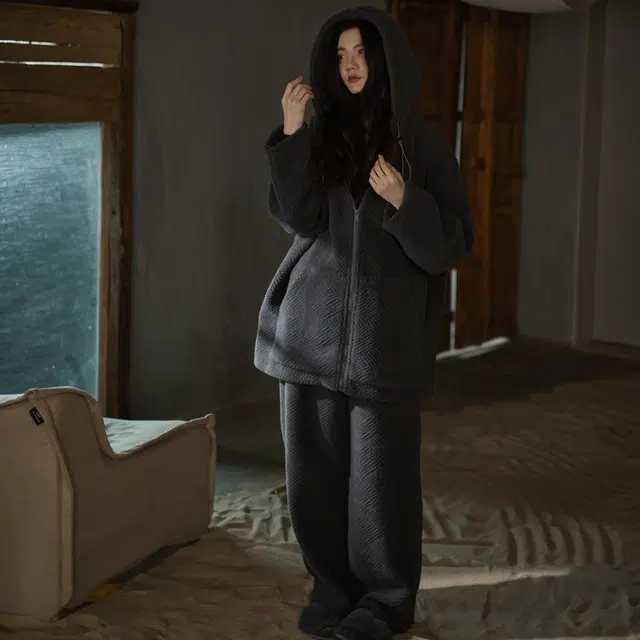 同语 秋冬季睡衣女珊瑚绒加厚连帽款套装女士可外穿加绒家居服冬天 家居套装 女款 黛灰色