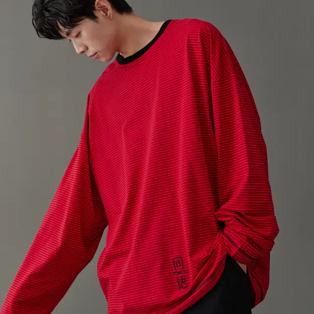 同语 红色睡衣春秋季柔软棉条纹套装男士结婚喜庆秋冬家居服 家居套装 男款 殷红