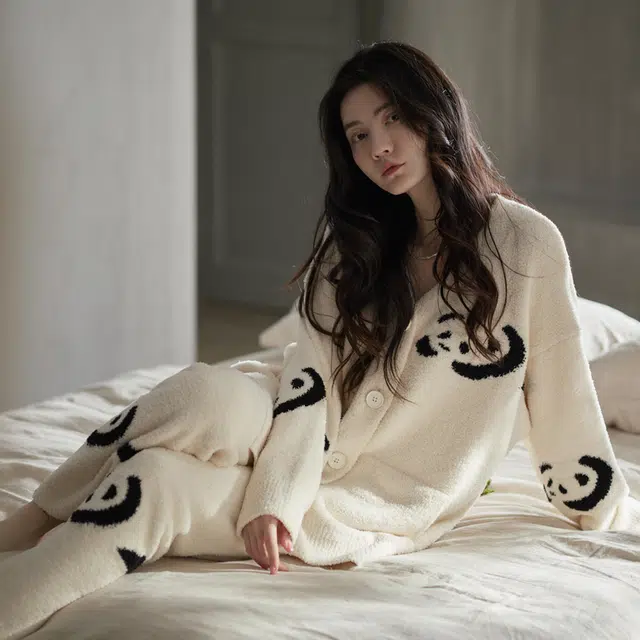 同语 半边绒睡衣女秋冬季套装小熊猫可外穿软绵绵家居服珊瑚绒加厚 家居套装 女款 黑白熊猫
