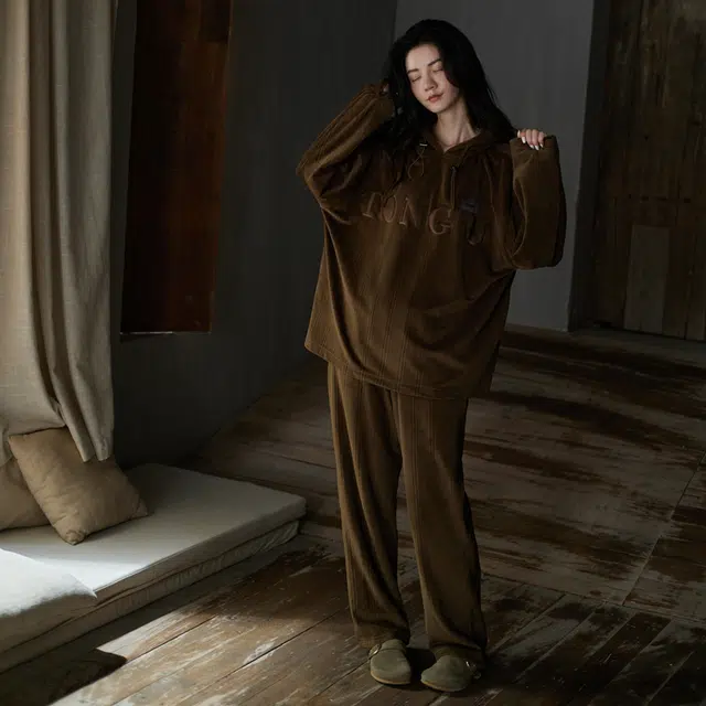 同语 睡衣女海岛绒秋冬季加厚家居服女士珊瑚绒可外穿连帽家居服 家居套装 女款 金咖色