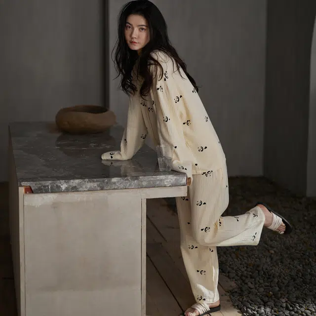 同语 睡衣女春秋季梭织纯棉纱布长袖套装女士可爱可外穿家居服 学生宿舍 家居套装 女款 橘白色墨纹熊猫