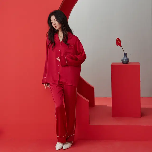 同语 红色睡衣春秋季冰丝长袖套装女士结婚喜庆家居服秋冬 家居套装 女款 大红