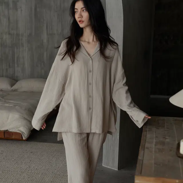 同语 睡衣女春秋季梭织纯棉纱布套装女士休闲可外穿长袖家居服 学生宿舍 家居套装 情侣款 薄灰色