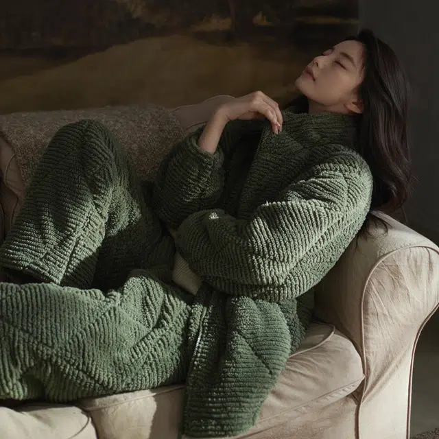 同语 睡衣三层夹棉珊瑚绒加厚冬季女士家居服法兰绒加绒可外穿套装 家居套装  女款  松绿