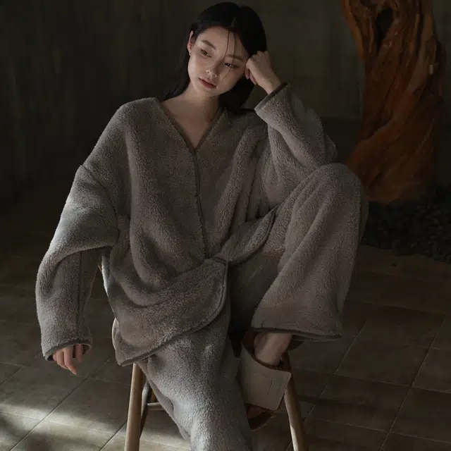 同语 睡衣珊瑚绒秋冬季家居服女士冬天休闲可外穿加厚款套装 家居套装 女款 薄墨灰