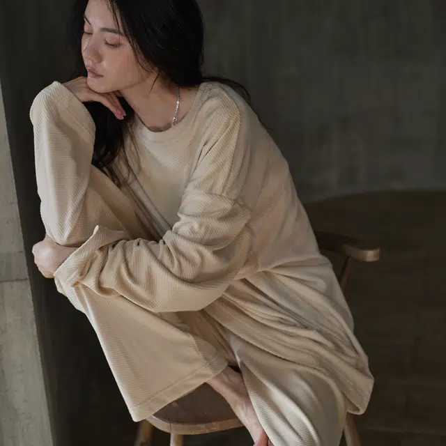 同语 睡衣女秋冬季海岛绒加厚套装女士珊瑚绒休闲可外穿家居服冬天 家居套装 女款 浅杏色