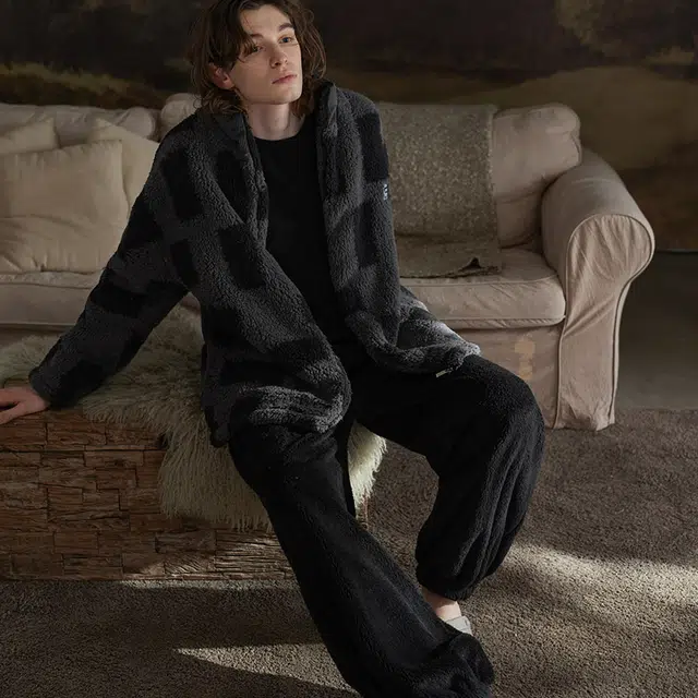 同语 珊瑚绒拉链款加厚加绒休闲可外穿家居服睡衣套装 男款 濡羽黑黛灰色