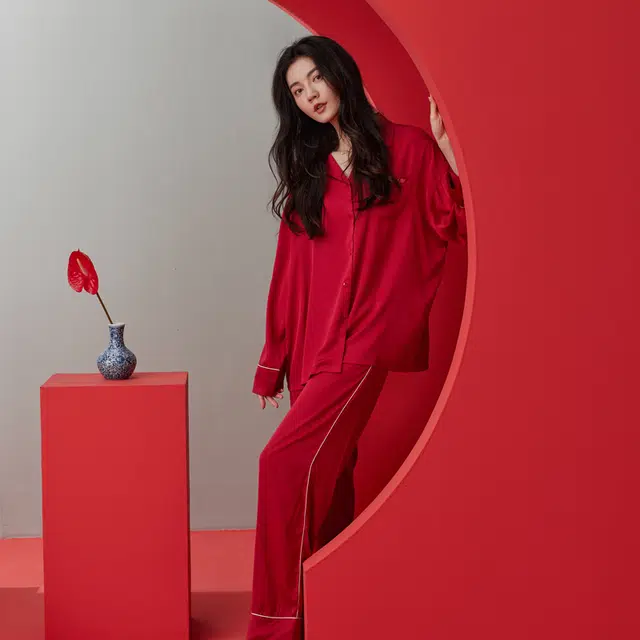同语 红色睡衣春秋季冰丝长袖套装女士结婚喜庆家居服秋冬 家居套装 女款 大红