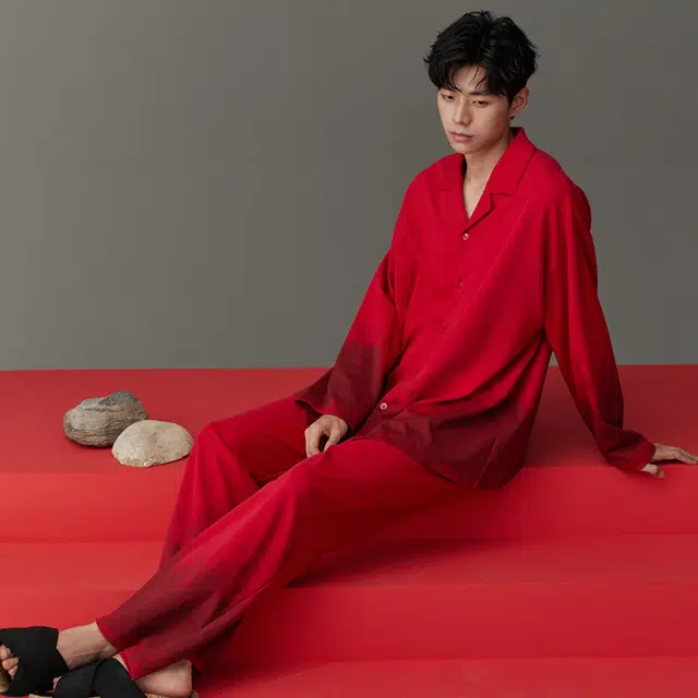 同语 睡衣男春秋季柔软棉红色渐变渲染套装男士喜庆结婚家居服 家居套装 男款 大红