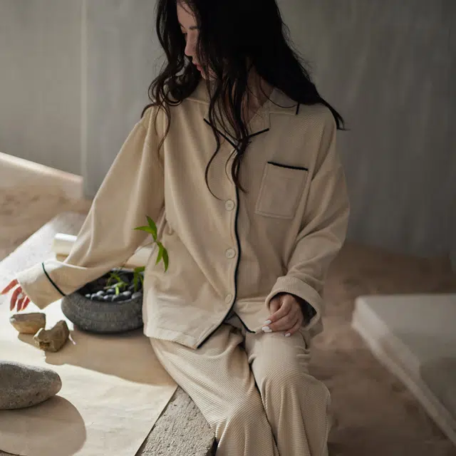 同语 睡衣海岛绒秋冬季加厚女士套装可外穿珊瑚绒家居服冬天 家居套装 女款 浅杏色