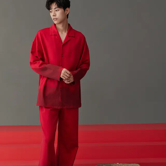 同语 睡衣春秋季柔软棉红色渐变渲染套装男士喜庆结婚家居服 家居套装 男款 酡红