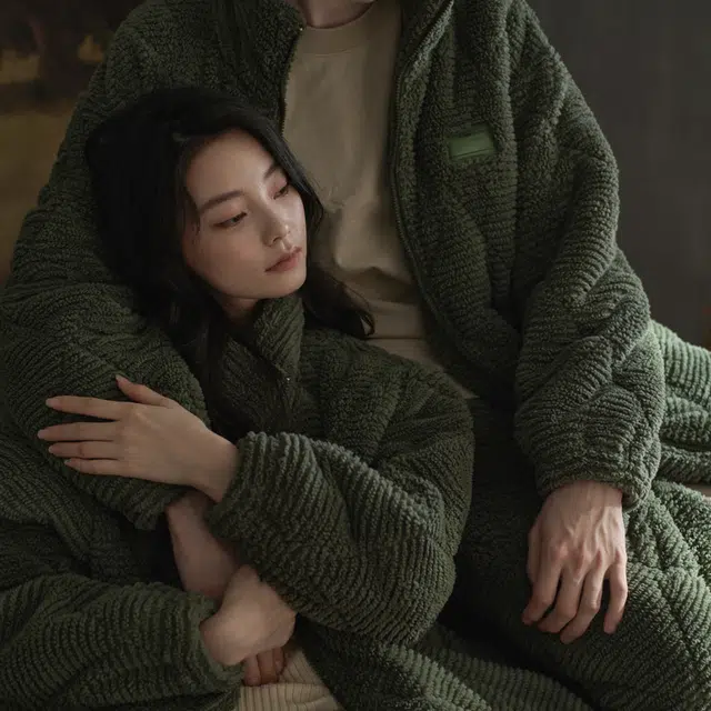 同语 寒冬保暖服 × 三层夹棉 情侣睡衣三层夹棉珊瑚绒加厚冬季家居服法兰绒加绒可外穿套装 家居套装 情侣款 松绿