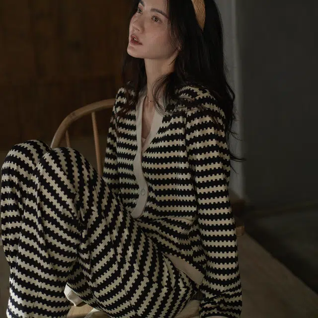 同语  睡衣女春秋季柔软棉套装时尚条纹可外穿小香风家居服女士 家居套装 女款 参差黑白条纹