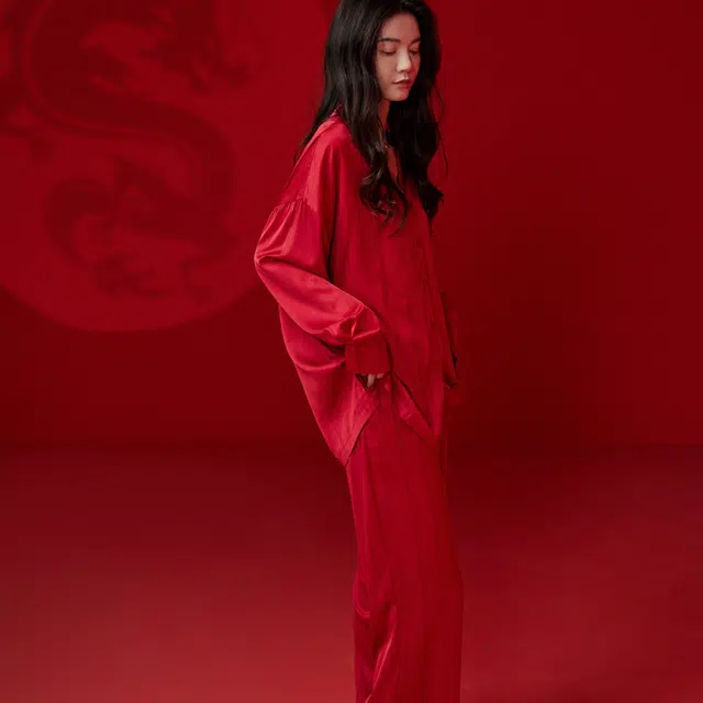 同语 春秋季红色睡衣女冰丝长袖套装女士结婚喜庆新婚家居服秋冬 家居套装 女款 波尔多红