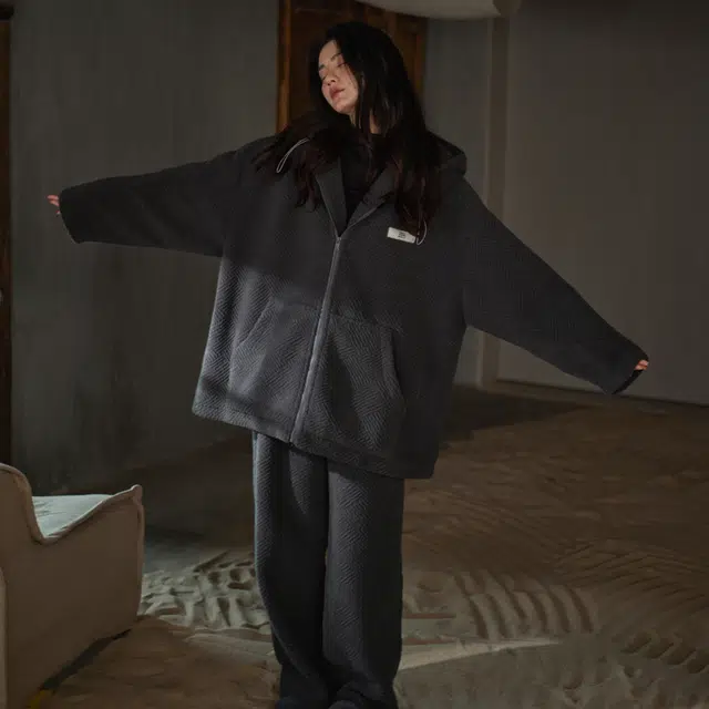 同语 秋冬季睡衣女珊瑚绒加厚连帽款套装女士可外穿加绒家居服冬天 家居套装 女款 黛灰色