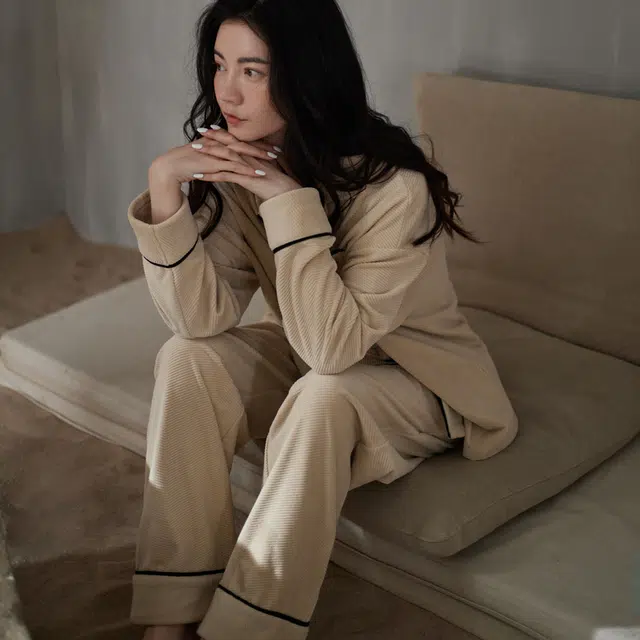 同语 睡衣海岛绒秋冬季加厚女士套装可外穿珊瑚绒家居服冬天 家居套装 女款 浅杏色