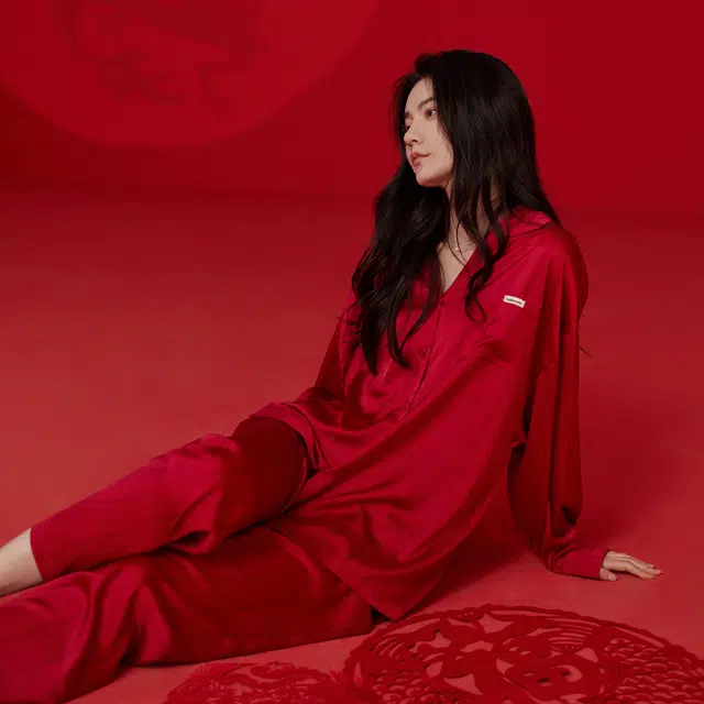 同语 春秋季红色睡衣冰丝长袖套装女士结婚喜庆家居服秋冬 家居套装 女款 红色