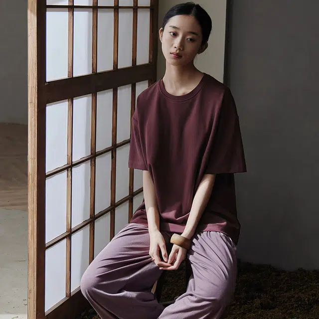 同语 凉感带胸垫短袖休闲可外穿长裤睡衣套装 女款 紫色