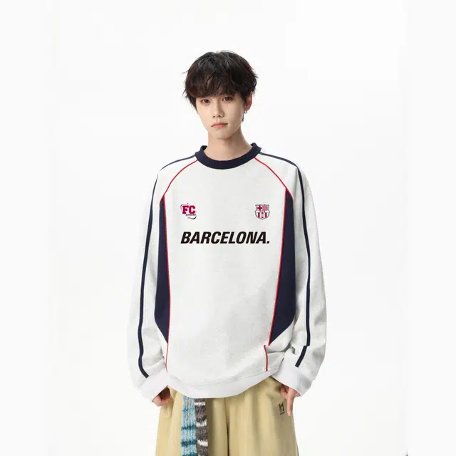 巴塞罗那足球俱乐部 美式复古潮流高街时尚通勤日常撞色拼接百搭宽松高级感无性别主义设计感开学季休闲圆领套头长袖学院风卫衣 男女同款