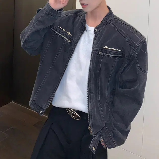 拾个壹先生 美式高街小众做旧水洗垫肩金属设计感潮流百搭牛仔外套 男女同款