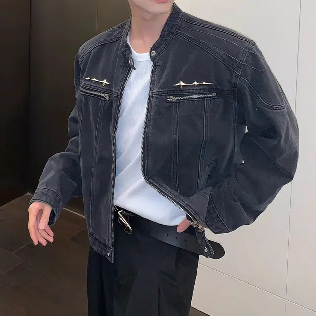 拾个壹先生 美式高街小众做旧水洗垫肩金属设计感潮流百搭牛仔外套 男女同款