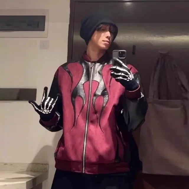 拾个壹先生  美式复古撞色拼接火焰图案个性嘻哈高级感休闲宽松外套棒球服 男女同款