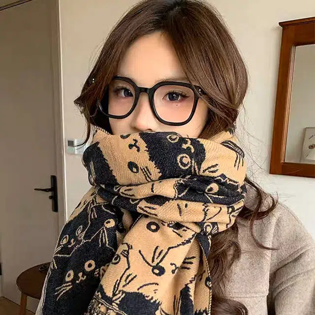 【暖冬力荐】 雅鹿优选 减龄卡通猫咪绒线围巾冬季保暖可爱加大披肩两用围脖外搭长款 男女同款情侣款 绒线围巾 女款