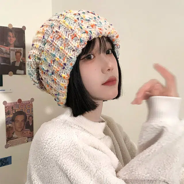 雅鹿优选 秋冬百搭毛线帽子女生大头围显脸小堆堆帽彩虹混色保暖针织套头冷帽绒线帽 涤纶 绒线帽 女款