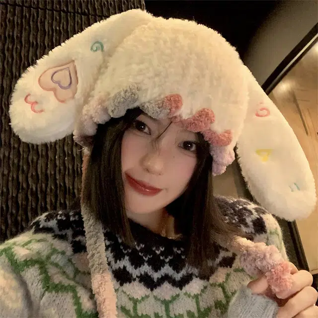 雅鹿优选 爱心兔子长耳朵针织护耳毛线帽女生秋冬保暖显脸小可爱拍照氛围感雷锋帽 涤纶 绒线帽 女款