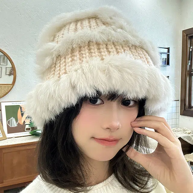 雅鹿优选 兔毛针织渔夫帽女生冬季显脸小秋冬护耳保暖防风毛线帽早八通勤百搭绒线帽子 兔毛 绒线帽 女款