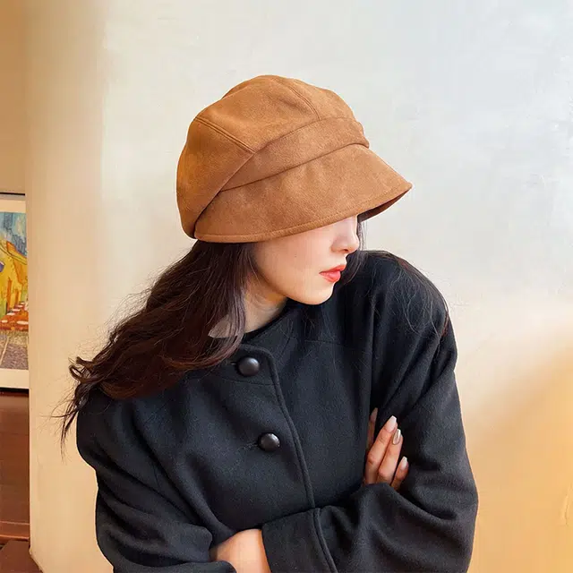 雅鹿优选 慵懒文艺风秋冬麂皮绒纯色贝雷帽女生小香画家帽大头围显脸小复古八角帽 涤纶 贝雷帽 女款
