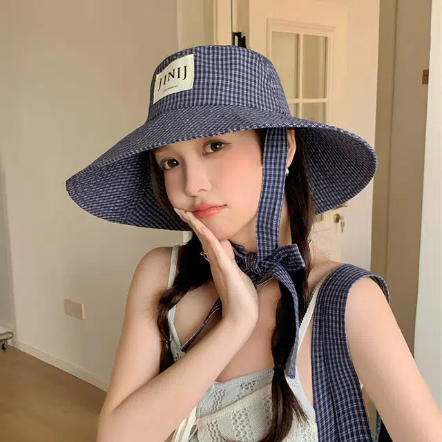 雅鹿优选 韩版千鸟格子大帽檐显脸小盆旅游出街防晒遮阳 聚酯纤维 渔夫帽 男女同款情侣款